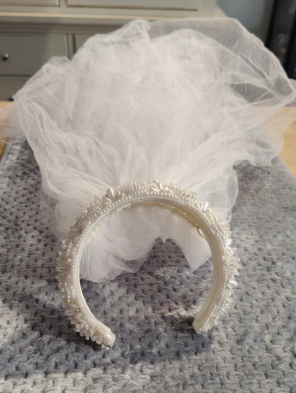 Beaded Pearl White Bridal Headband with Veil